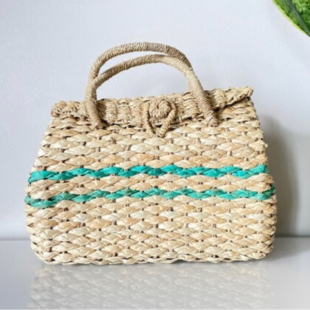 1980s Vintage Raffia Woven Top Handle Purse / Natural / Teal Turquoise Stripe